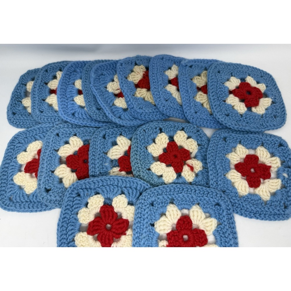 Granny Square Lot 16 Hand Made Crochet Squares Light Blue White Red Vintage